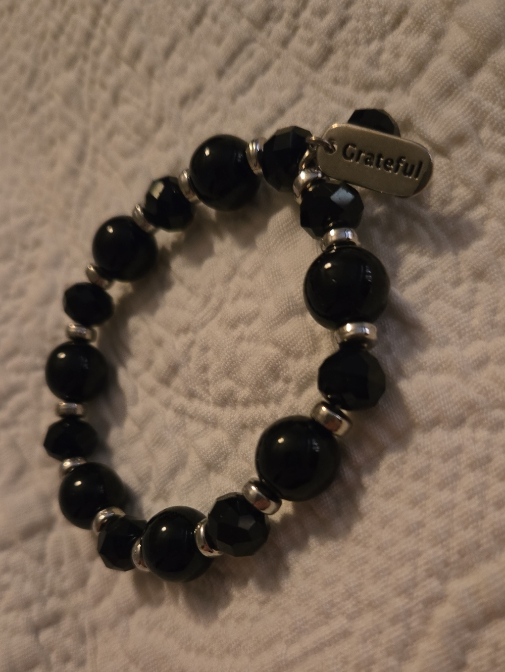 Heavy Black Beaded Stretch Bracelet with Silver Accents And Grateful Tag